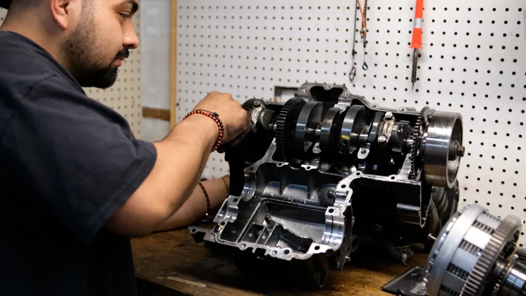 Wider view of the same technician working on the disassembled engine bottom end with crankshaft and clutch basket on the bench.