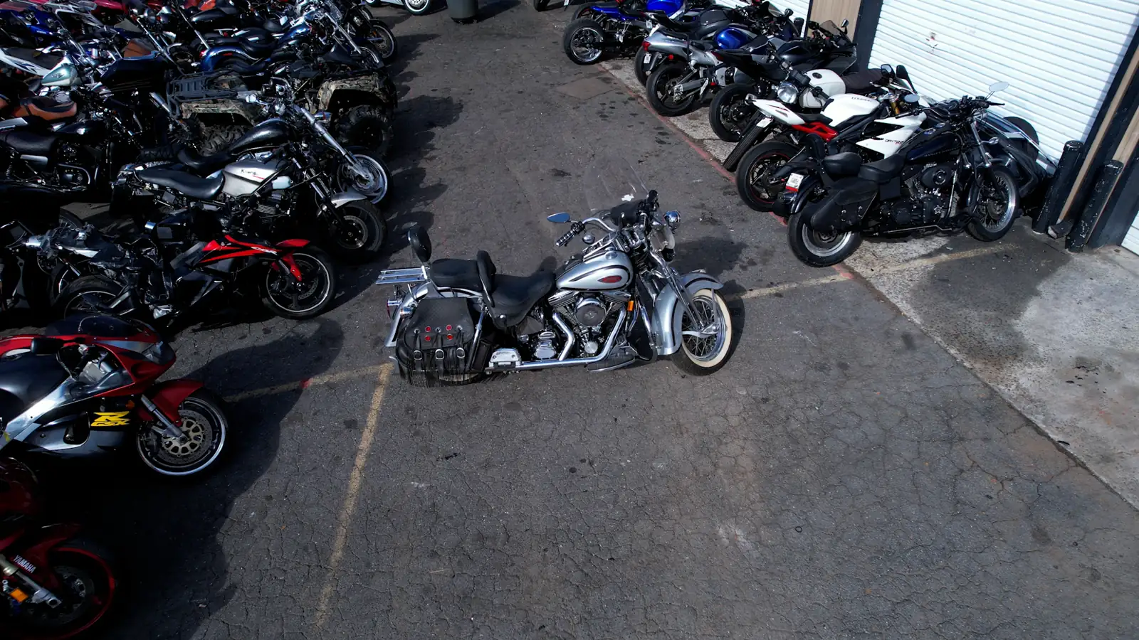 enclosed vs open transport Roswell — silver Harley Softail parked between rows of bikes at the Diaz lot